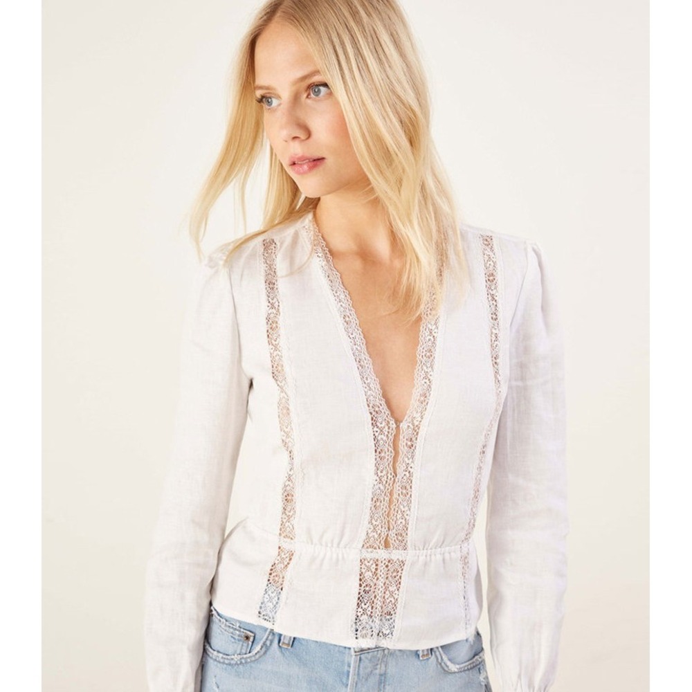 Reformation Odette Linen Top Womens M White Lace V-Neck Peplum Long Sleeve